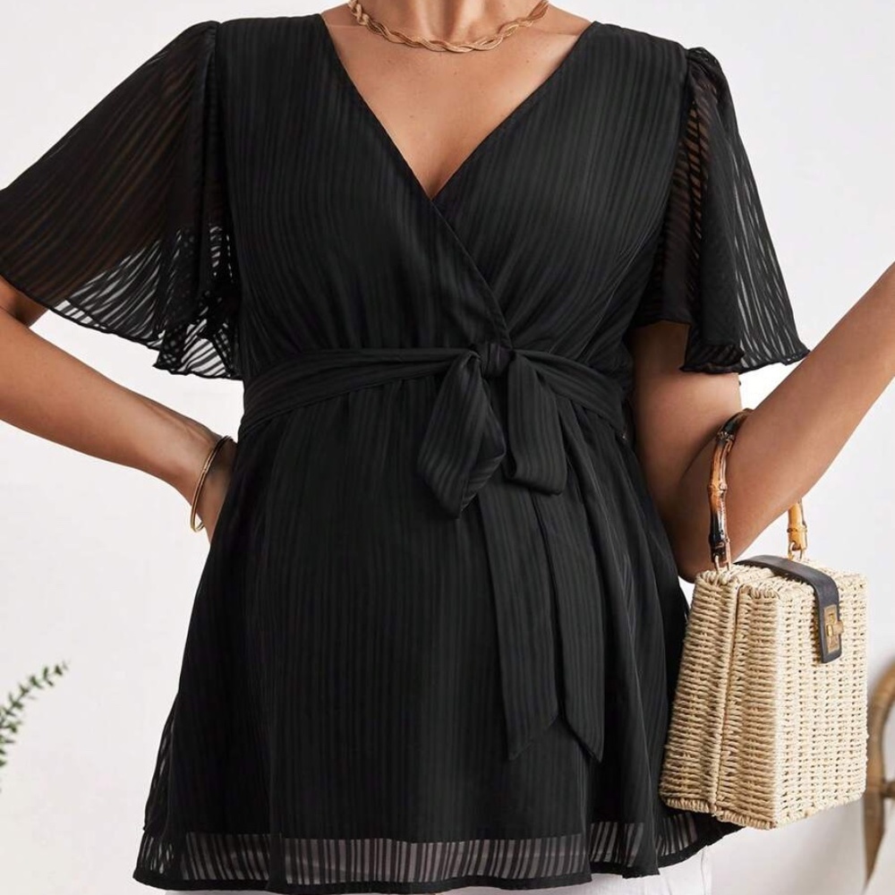 Maternity Butterfly Sleeve Belted Peplum Blouse - Picture 6 of 7